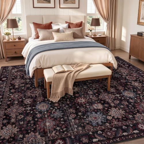 Dark Vintage Boho Area Rug 8x10 Rectangular Oushak Style with Non-Slip Dots