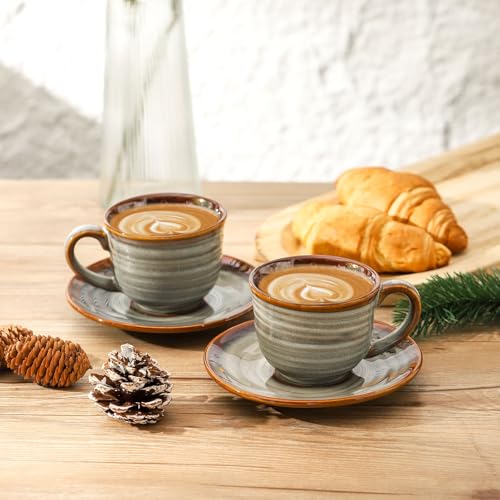 Brown 8oz Ceramic Espresso Cups with Saucers - Set of 4 for Coffee & Tea