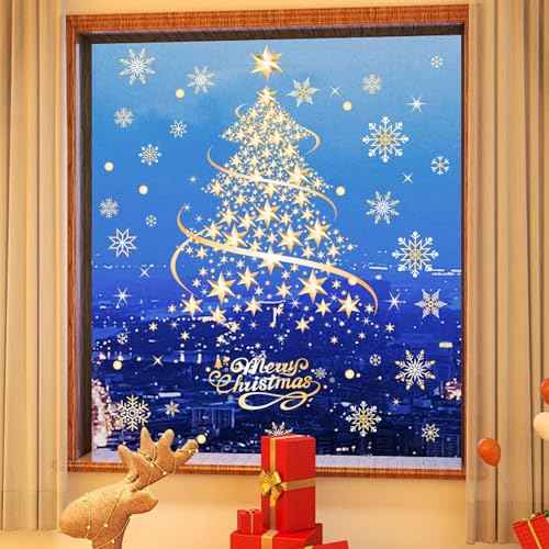 Large Christmas Window Clings for Glass Windows, Golden Christmas Tree Window Stickers Decals for Winter Holiday Door Wall Home Office Party Decorations