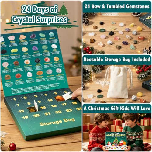 Crystal Advent Calendar 2026 for Kids - 24 Natural Gemstones & Minerals Gift