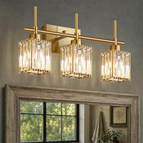Modern Crystal Bathroom Vanity Light 3-Light Brushed Gold Wall Sconce
