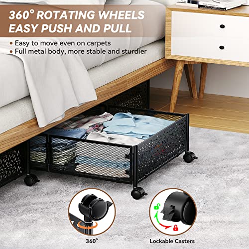 PHINOX Black Under Bed Storage with Wheels - 4 Pack, Foldable Metal Bins, 15.7x23.6"