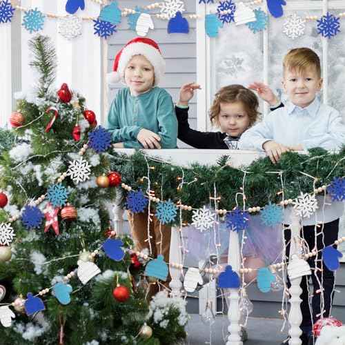 2 Pcs 84 Inches Winter Wood Bead Garland Rustic Wooden Snowflake Hat Gloves Banner Winter Snowflake Blue White Farmhouse Decorations Hello Winter Garland for Winter Holiday Home Fireplace Doorway