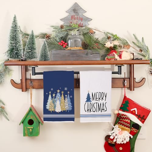 Blue Christmas Kitchen Towels Set of 2 - 18x26 Inch Holiday Dish Towels