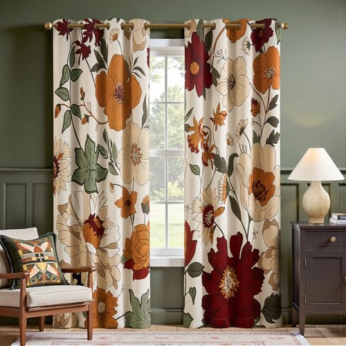 Boho Floral Blackout Curtains 84 Inch Grommet 4 Panels - Orange / Red / 50"W x 84"L
