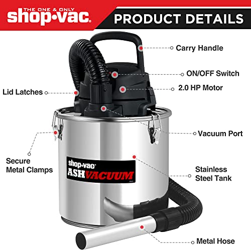 4 Gallon Ash Vacuum with HEPA Filter, 2 Peak HP, Heat-Resistant Metal Hose