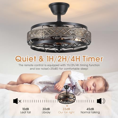 SHIHOT 18-Inch Retro Black Industrial Cage Ceiling Fan with Lights & Remote - Reversible, Quiet Operation