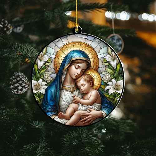 Catholic Christmas Ornament ? Virgin Mary and Baby Jesus Acrylic Hanging Decoration ? Style Nativity Ornament ? Religious Gift for Christian Families, Tree D?cor (Sun-38)