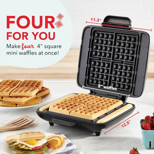 DASH No-Drip Silver Waffle Maker - 4 Square Mini Waffles, Family Breakfast