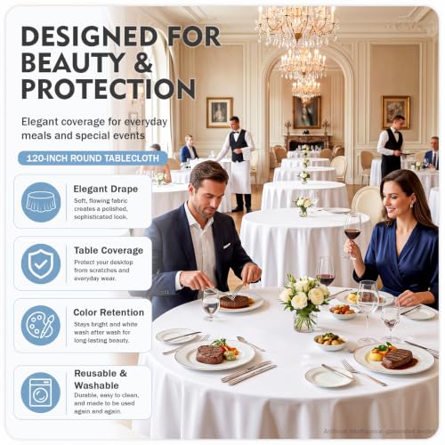 White Round Tablecloth 120 Inch - Pack of 10 Washable, Stain & Wrinkle Resistant Polyester for Weddings & Events