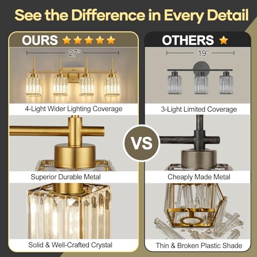 Brushed Gold Bathroom Vanity Light 4-Lights Crystal Square Shade Over Mirror