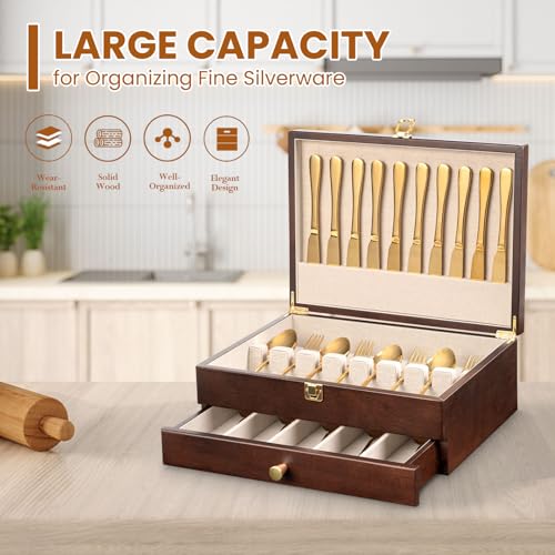 2-Layer Walnut Silverware Storage Box with Drawer and Linen Liner