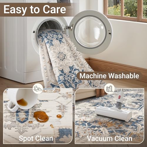 Blue 8x10 Washable Non-Slip Area Rug for Living Room