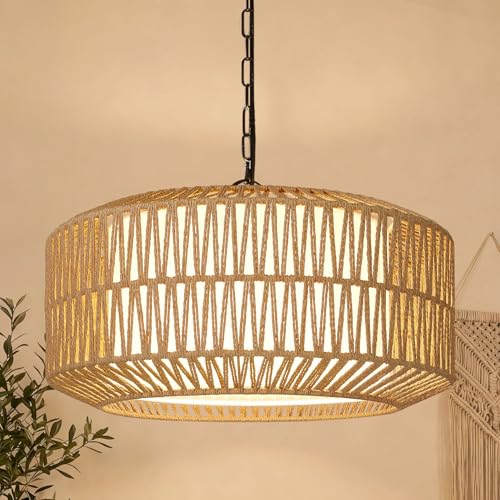 Bohemian 19-Inch Rattan Chandelier with 5 Lights - Farmhouse Dining Light Fixture