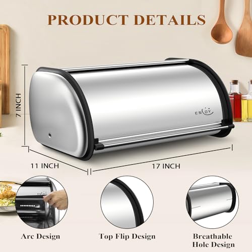 ENLOY Silver Stainless Steel Bread Box with Roll-Top Lid - Large Capacity Kitchen Organizer