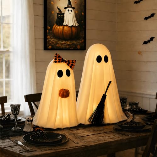 Lighted Ghost Decorations Indoor 2 Pack - Warm White Halloween Broom & Pumpkin