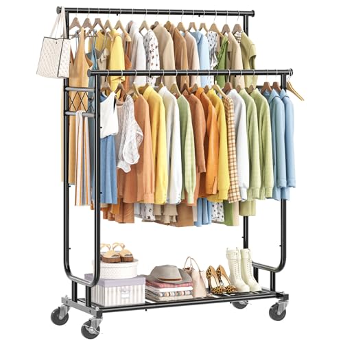 Heavy Duty Rolling Clothes Rack with Shelves - 450 lbs Capacity, Double Rod & Lockable Wheels