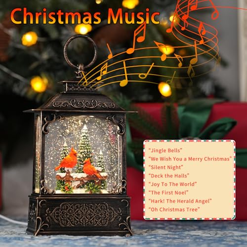 Red Cardinals Bird Snow Globe with Music - USB/Battery Operated Glitter Glass Dome