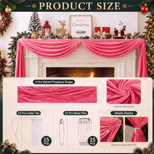 Pink Velvet Christmas Mantel Garland 16.4 ft with Ties & Pins (Brand: Teyva Daily) - Extra-Long Winter Decor