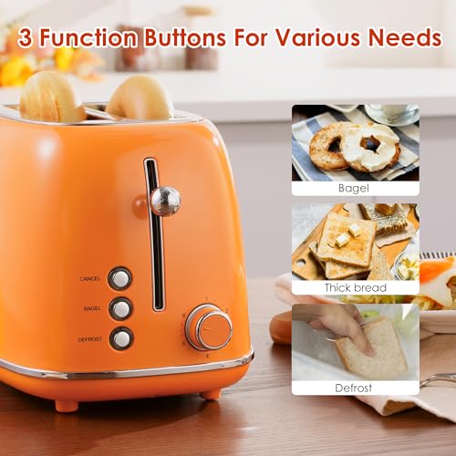Roter Mond Orange 2-Slice Stainless Steel Toaster with Bagel, Defrost & Cancel Functions
