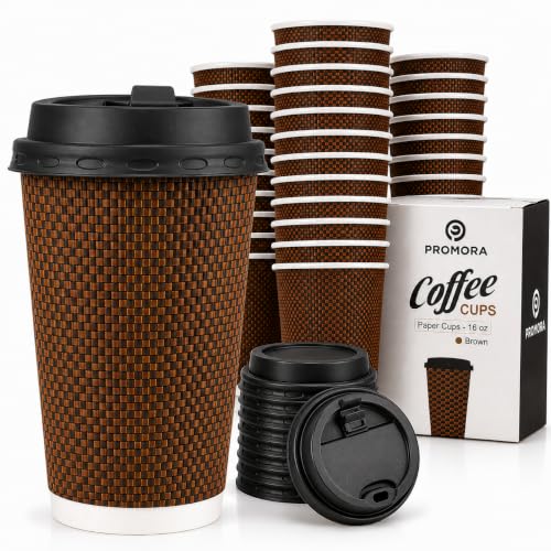 Brown Disposable Coffee Cups with Lids 16 oz - Ripple Insulated Paper Cups, 80 Pack