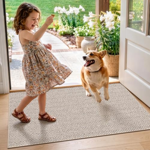 LUMI Beige Ultra Thin Indoor Door Mat 24x36 - Non-Slip, Pet Friendly, Low Profile Entry Rug