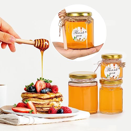 6 oz Honey Jars with Gold Lids & Wooden Dippers - 30 Pack, Hexagon Glass