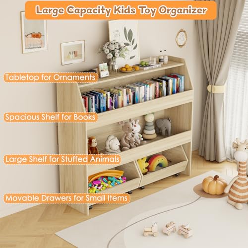 Medium Toy Storage Organizer with 3 Shelves and Rolling Bins - Wood