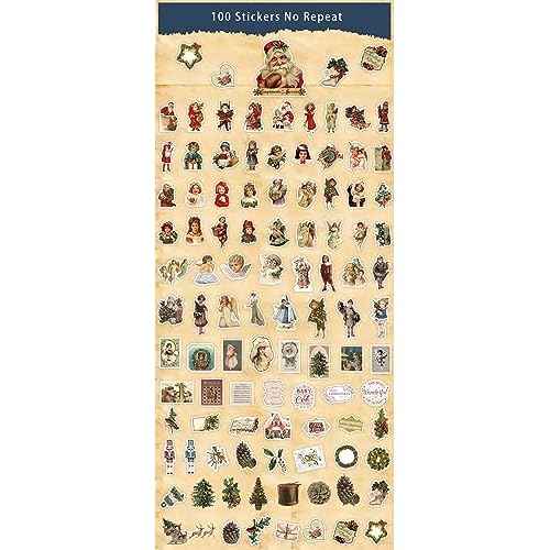 100 Pcs Christmas Stickers Non-Repeating Retro Santa Claus Stickers Christmas Decoration,Waterproof Holiday Sticker for Scrapbook,Cards,Junk Journals, Laptop,Water Bottles (Santa 100 Pcs)
