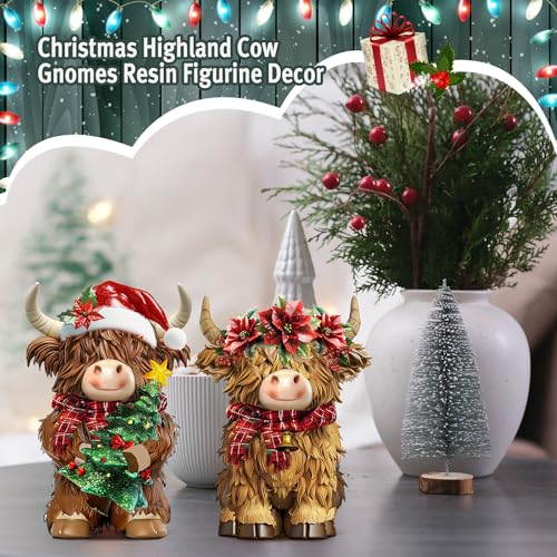 2 Pack Christmas Highland Cow Figurines Decor, Resin Table Decor - Burbell