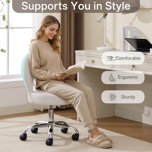 Foldable Vanity Chair with Storage - 15.8-Inch Spacious Seat, White, Adjustable & 360° Swivel