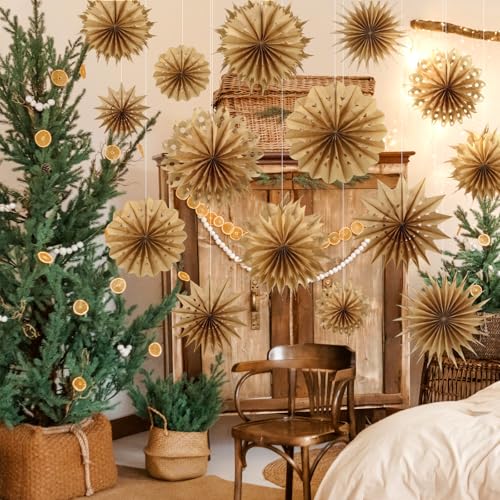 Epakh 18 Pcs Natural Wood Christmas Paper Snowflakes Hanging Decor Classic Style