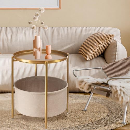Gold Side Table with Removable Fabric Storage Basket - Pack of 2 - Modern Accent End Tables