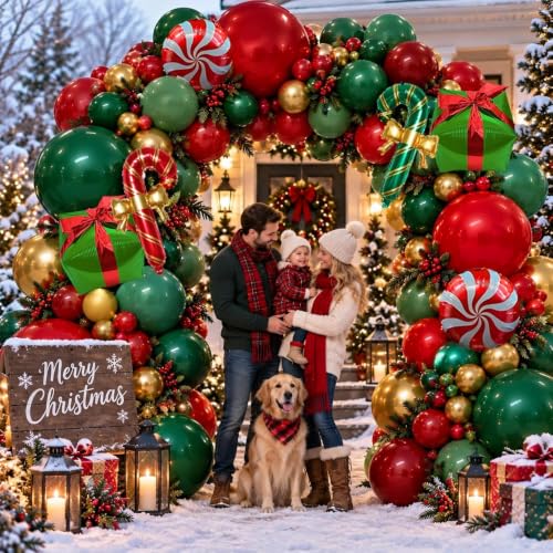 Aurovia Double Stuffed Dark Red, Green, Gold Christmas Balloon Arch Kit with Candy Cane Balloons - Sage Green & Chrome Variations