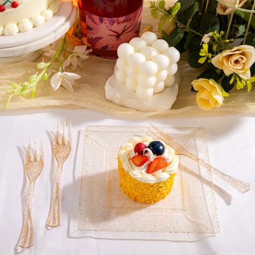 DaYammi 200Pcs Gold Disposable Dessert & Appetizer Plates with 100 Forks - Wedding & Party Set