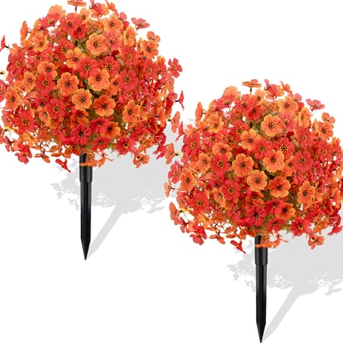 Fall Artificial Mums Flowers Topiary Balls 23 Inch - Orange & Red, 2 Pack