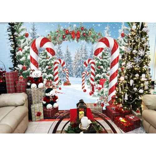 Merry Christmas Candy Cane Backdrop Winter Snowy Scene Christmas Tree Photography Background Christmas Holiday New Year Xmas Eve Family Party Decorations Banner Booth Props (7x5FT(2.1m x 1.5m))