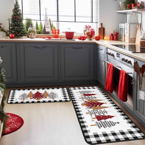 White Buffalo Plaid Xmas Kitchen Rugs Set of 2 – 17x47 and 17x30, Non-Slip Mats
