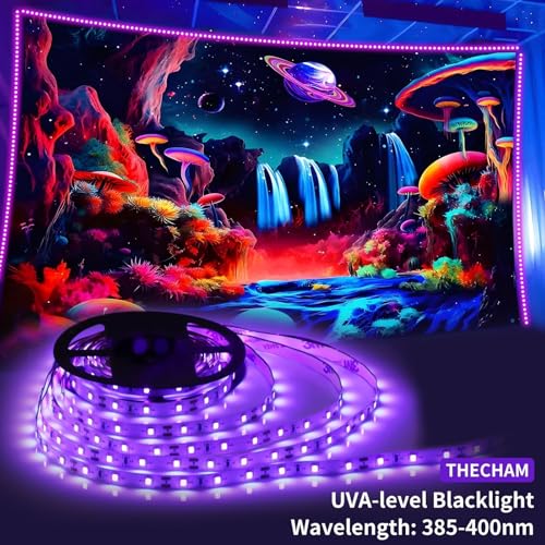 THECHAM 80ft Black Light LED Strip with Remote, Dimmable & Cuttable - Indoor Party & Body Paint Lighting