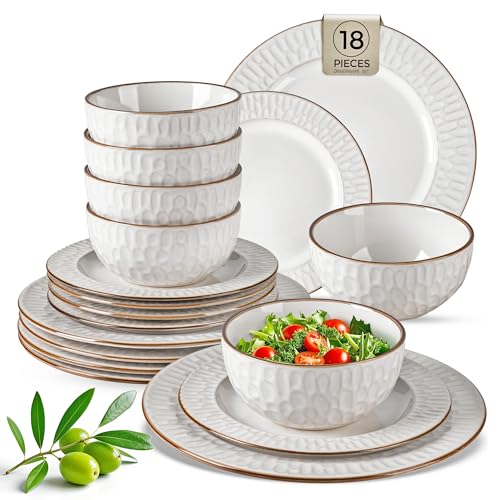 Pearl White Bubble 18-Piece Ceramic Dinnerware Set for 6 - Plates & Bowls