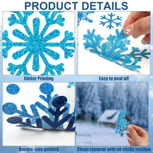 9 Sheets Glitter Snowflake Window Clings Christmas Window Decals Blue Silver Snowflake Windows Stickers Double-Sided Winter Windows Clings for Xmas Winter Holiday Wonderland Party Home Glass Decor