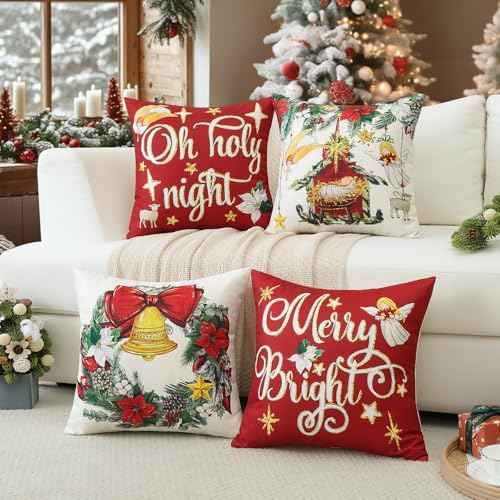 Artscope Christmas Oh Holy Night Merry Bright Jesus Wreath Throw Pillow Covers 18x18 Inch Set of 4, Winter Hoilday Christmas Decoration Pillow Cases for Home Sofa Couch Decor-Red