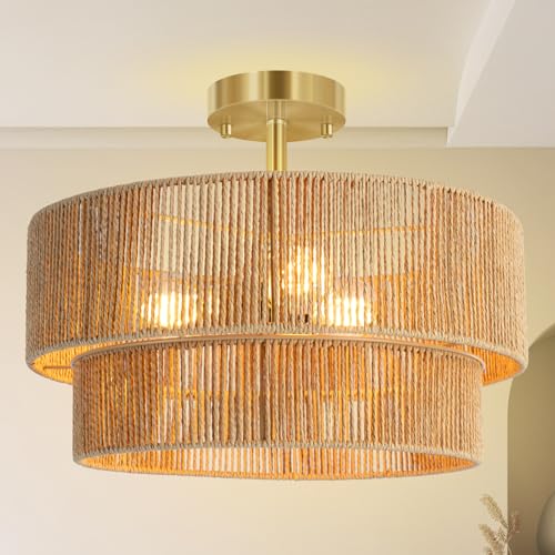 Brown 16.54-Inch Boho Rattan Ceiling Light Fixture - Semi Flush Mount for Bedroom, Dining, Kitchen