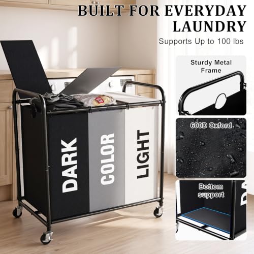 YKDIRECT 180L Multicolor 3-Section Laundry Hamper with Wheels & Lid - 47.55Gal Capacity