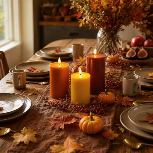 Fall Decor Flameless Pillar Candle Set - Autumn Colors, Real Wax, Safe Flicker