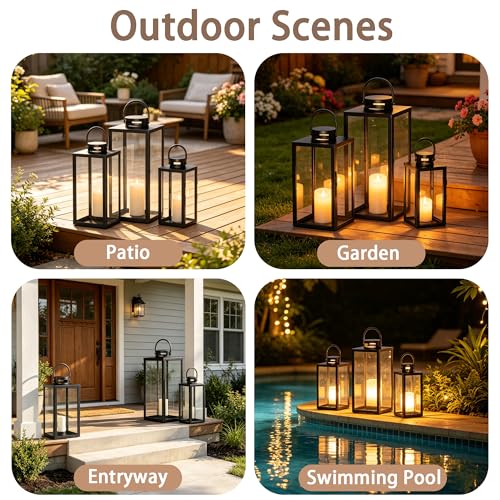 Square Black Decorative Metal Candle Lanterns Set Hanging & Tabletop for Indoor Outdoor