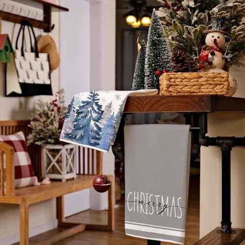 ARKENY Christmas Kitchen Towels Set of 2,Blue Xmas Tree Snowflake Dish Towels 18x26 Inch Drying Dishcloth,Farmhouse Home Decoration AD136