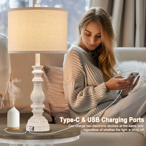 Farmhouse Table Lamps Set of 2 - 28.5in Rustic White Bedroom Nightstand Lamps with USB C+A, Rotary Switch, No Bulbs