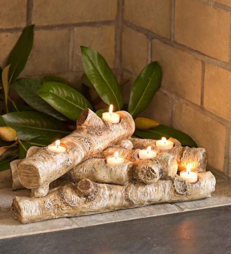 Plow & Hearth Faux Birch Wood Resin Candle Holder for Fireplace, 8 Tea Lights, 18" L - Romantic Decor