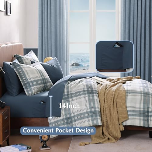 Blue Grey Full Size Plaid Comforter Set 7 Pieces Farmhouse Bed in a Bag
